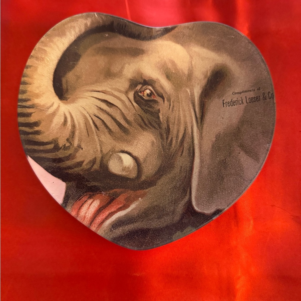 John Derian decoupage heart shaped elephant tray. Like new. 7x8